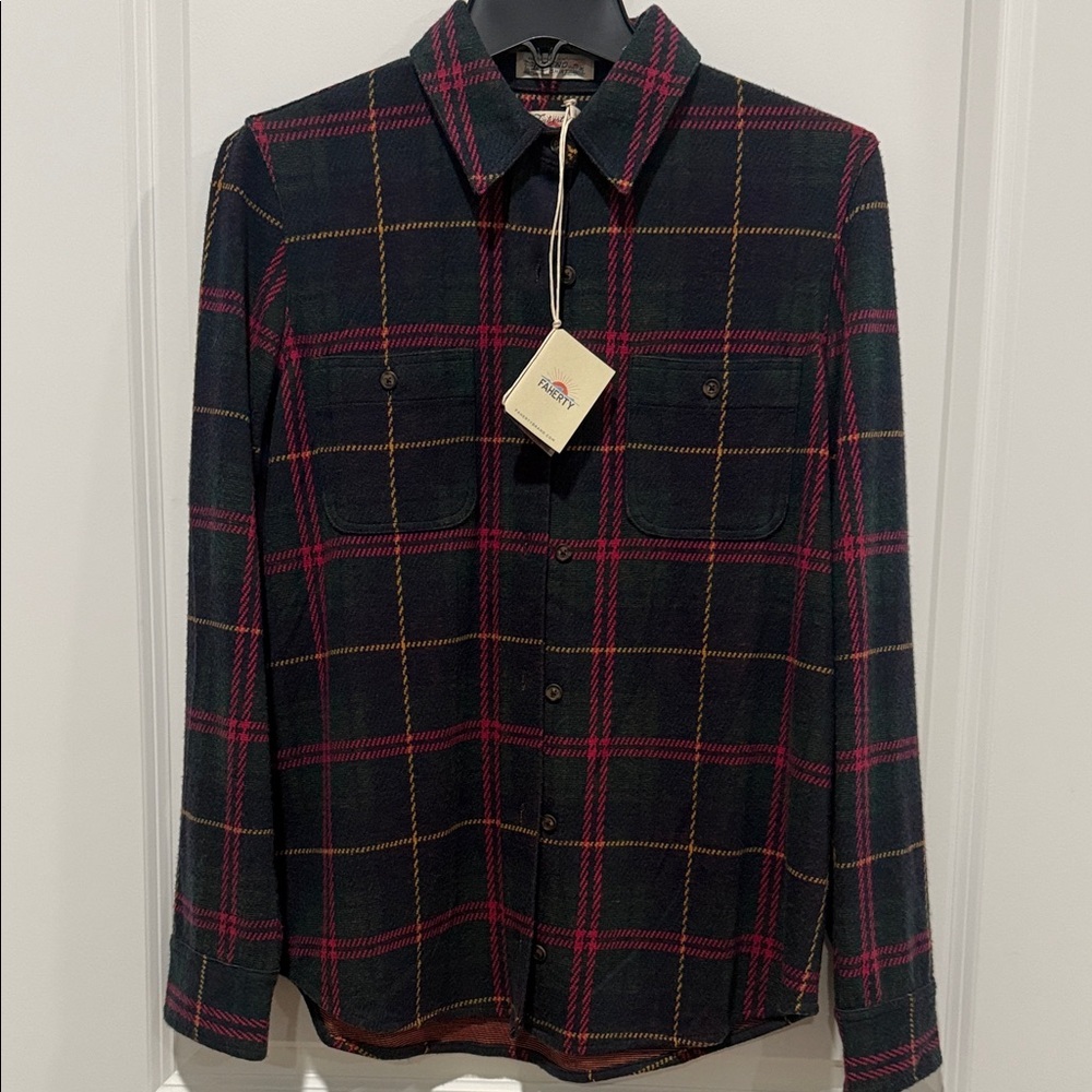 Faherty Navy and Pink Plaid Button Down Shirt